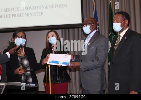 Windhoek, Namibia. 22nd July, 2020. Namibian Prime Minister Saara Kuugongelwa-Amadhila (1st L) launches the Public Sector Innovation Policy in Windhoek, Namibia, on July 22, 2020. The Namibian government on Wednesday launched its first Public Sector Innovation Policy to improve public service delivery. Credit: Ndalimpinga Iita/Xinhua/Alamy Live News Stock Photo