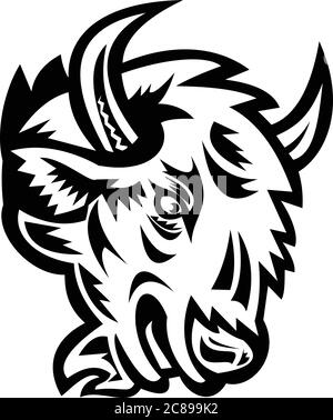 Mascot illustration of head of an angry North American bison or American buffalo viewed from side on isolated background in retro black and white styl Stock Vector