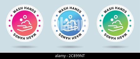 Wash hands insignia stamp. Vector certificate icon. Set of 3 beautiful color gradients. Vector combination for certificate in flat style. Stock Vector