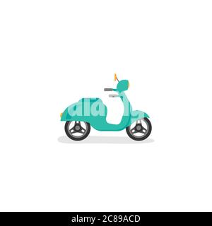 Blue retro scooter or motorbike. Flat vector illustration isolated on white. Delivery, transport symbol. Healthy journey. Ecology. Go green. Hipster. Stock Vector