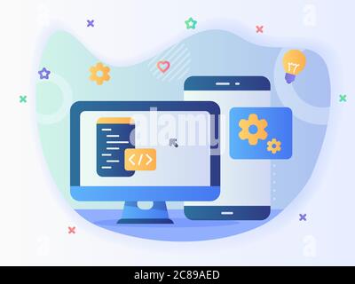 technology engineer app website program development software concept with code and computer with modern icon style Stock Vector