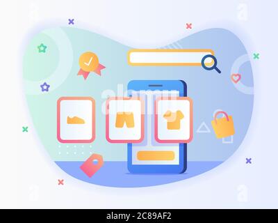 Smartphone screen view shoes pant shirt concept of search fashion online with flat style Stock Vector