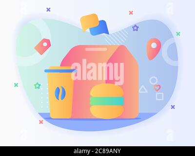 Box package on scooter background profile receiver address pointer location concept delivery motorcycle with flat style. Stock Vector
