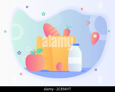 Grocery daily needs concept bread carrot in paper bag nearby apple fruit egg bottle milk with flat style. Stock Vector