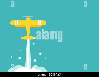 yellow retro airplane or aeroplane flies in sky with clouds. Flat old vintage aircraft. Vector wide background. Travel, transportation. Start up, laun Stock Vector