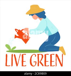 Live green woman gardening growing plants or flowers Stock Vector
