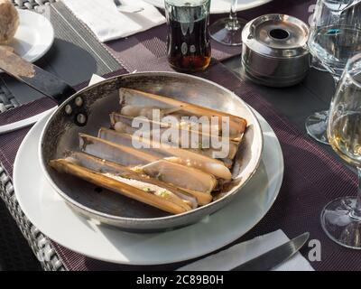 Atlantic jackknife razor clams close up served on cooking pan on sea food restaurant table at la Palma Stock Photo
