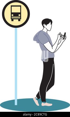 Young man staying at the bus stop with the cell phone vector illustration design Stock Vector