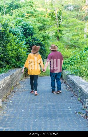 A vertical shot of a romantic middle-aged couple walking holding hands Stock Photo