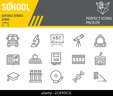 School line icon set, education symbols collection, vector sketches, logo illustrations, back to school icons, knowledge signs linear pictograms Stock Vector