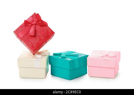 colorful gift boxes with ribbon isolated on white Stock Photo