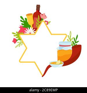 Greeting card with symbols of Jewish holiday Rosh Hashana, New Year. Shana Tova - Blessing of Happy new year. david star with rosh hashana symbols Stock Vector