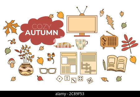 Cozy autumn. Set of colored autumn drawings. Hobbies - crosswords and dominoes, newspaper and books, colorful leaves, mushrooms, TV and radio, cup and Stock Vector