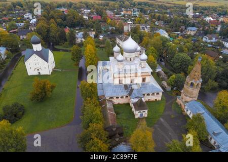 Top view of the ancient Znamensky Cathedral and Spasskaya Church on a cloudy September day (aerial photography). Veliky Novgorod, Russia