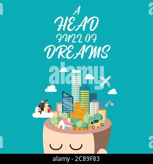 Man with a head full of dreams. Vector illustration Stock Vector