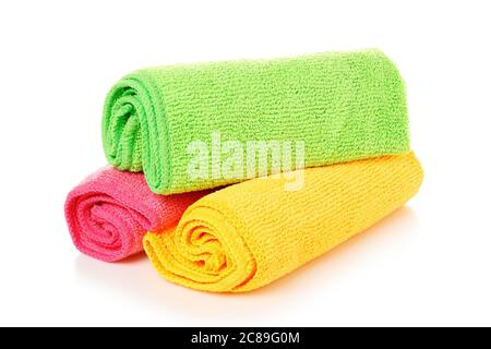 unused and colorful microfiber cloths isolated on white Stock Photo