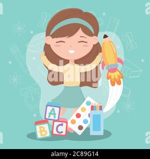 back to school, student girl with blocks alphabet education cartoon vector illustration Stock Vector