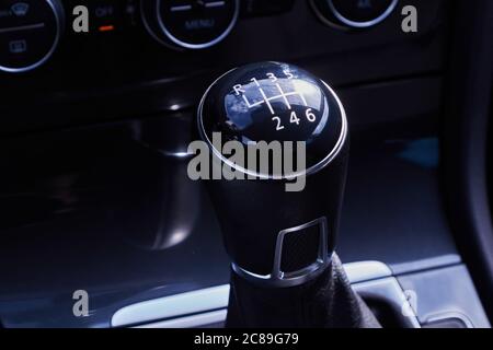 car manual gearbox black handle. Automotive background Stock Photo