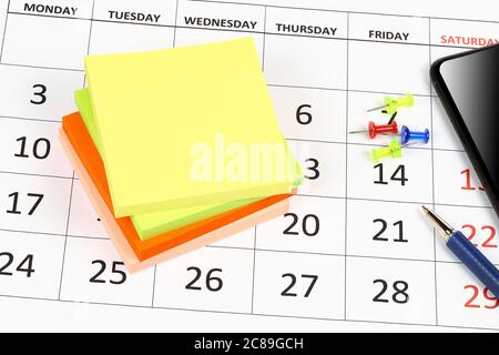 adhesive notes with pins, phone and pen on calendar Stock Photo
