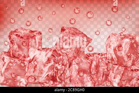 A lot of translucent red ice cubes and air bubbles under water on transparent background. Transparency only in vector format Stock Vector