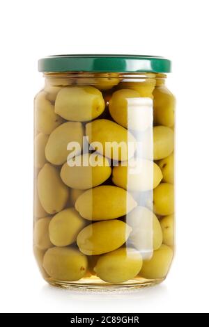 jar of green olives isolated on white Stock Photo