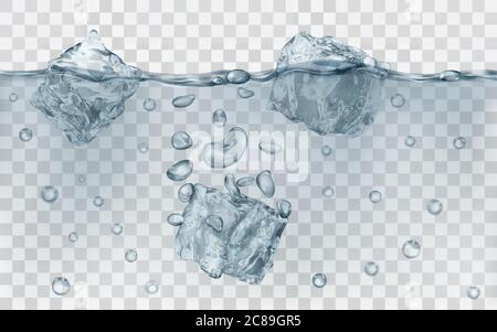 Three translucent gray ice cubes and many air bubbles floating in water on transparent background. Transparency only in vector format Stock Vector
