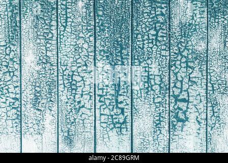 textured background of cracked white paint on teal blue wooden planks Stock Photo
