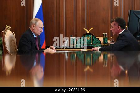 Russian President Vladimir Putin, holds a face to face working meeting with Chairman of the Pension Fund Board Maxim Topilin at the Kremlin July 22, 2020 in Moscow, Russia. Stock Photo