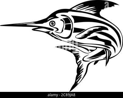 Retro style illustration of an Atlantic blue marlin, a species of marlin endemic to the Atlantic Ocean, swimming and jumping upward done in black and Stock Vector