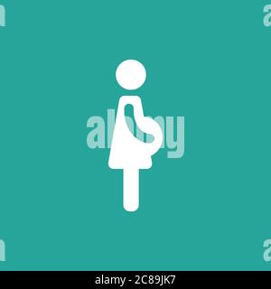 white silhouette of pregnant woman in dress isolated on turquoise background. Flat icon isolated on white. Vector Flat mother and motherhood icon. Pre Stock Vector