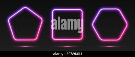 Neon gradient frames set, collection of purple-pink glowing borders. Bright illuminated shapes. Stock Vector