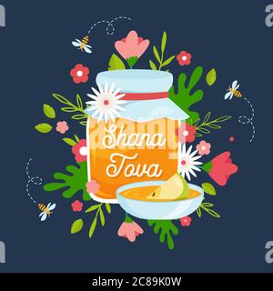 Rosh hashanah jewish new year. Greeting card with symbols of Jewish holiday Rosh Hashana, New Year. Shana Tova - Blessing of Happy new year. Vector Stock Vector