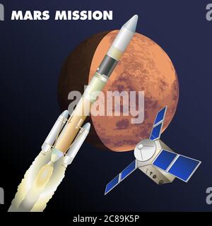 Mars exploration mission, graphic vector illustration, rocket, platet mars and scientific satellite Stock Vector