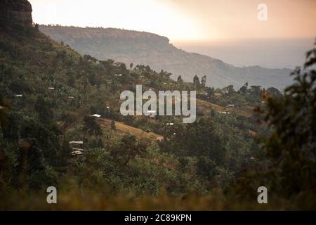 Beautiful dramatic scenery of farming communities on the foothills of Mount Elgon, in Eastern Uganda, Africa. Stock Photo