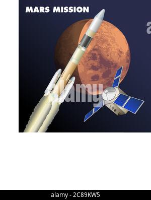 Mars exploration mission, graphic vector illustration, rocket, platet mars and scientific satellite Stock Vector