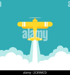 yellow retro airplane or aeroplane flies in sky with clouds. Flat old vintage aircraft. Vector wide background. Travel, transportation. Start up, laun Stock Vector