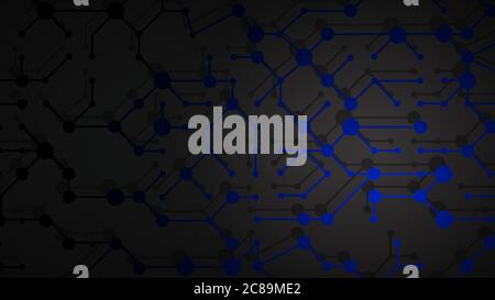Abstract illustration of blue connecting lines and dots with shadows on black background Stock Vector