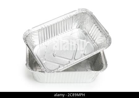 two aluminum lunch boxes or trays isolated on white Stock Photo