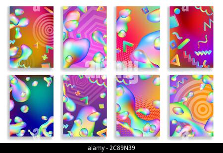 Set of abstract backgrounds of colorful fluids and geometric shapes. Modern brochure covers with futuristic design Stock Vector