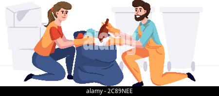 Man with woman from cleaning company staff collecting garbage in package. Vector illustration in a flat style Stock Vector