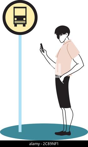 Young man staying at the bus stop with the cell phone vector illustration design Stock Vector