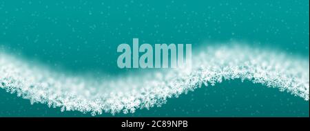 Christmas background of snowflakes of different shape, blur and transparency, wave shaped, on turquoise background Stock Vector