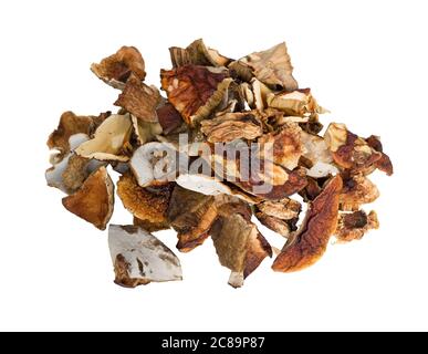 Dried mushrooms on white background. Dry forest mushrooms. Stock Photo