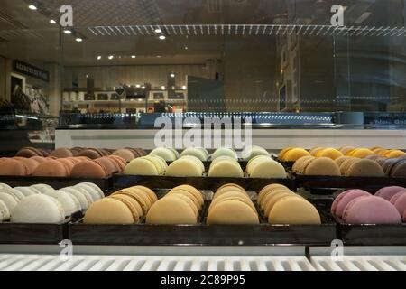 Close-up on macaroons in a parisian bakery. Stock Photo