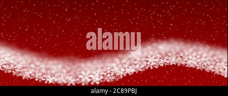 Christmas background of snowflakes of different shape, blur and transparency, wave shaped, on red background Stock Vector