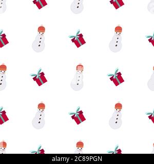 Christmas snowman and giftbox seamless pattern for decoration design. New year ornament. Festive retro texture. Cute background. Wrapping paper. Stock Vector