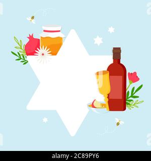 Greeting card with symbols of Jewish holiday Rosh Hashana, New Year. Shana Tova - Blessing of Happy new year. david star with rosh hashana symbols Stock Vector
