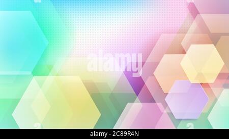 Abstract background of hexagons and halftone dots in various colors Stock Vector
