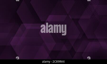 Abstract background of hexagons and halftone dots in dark purple colors Stock Vector