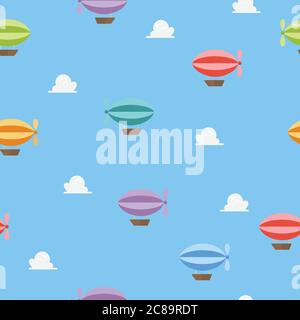 Airships flying on blue sky seamless pattern. Vector illustration. Stock Vector